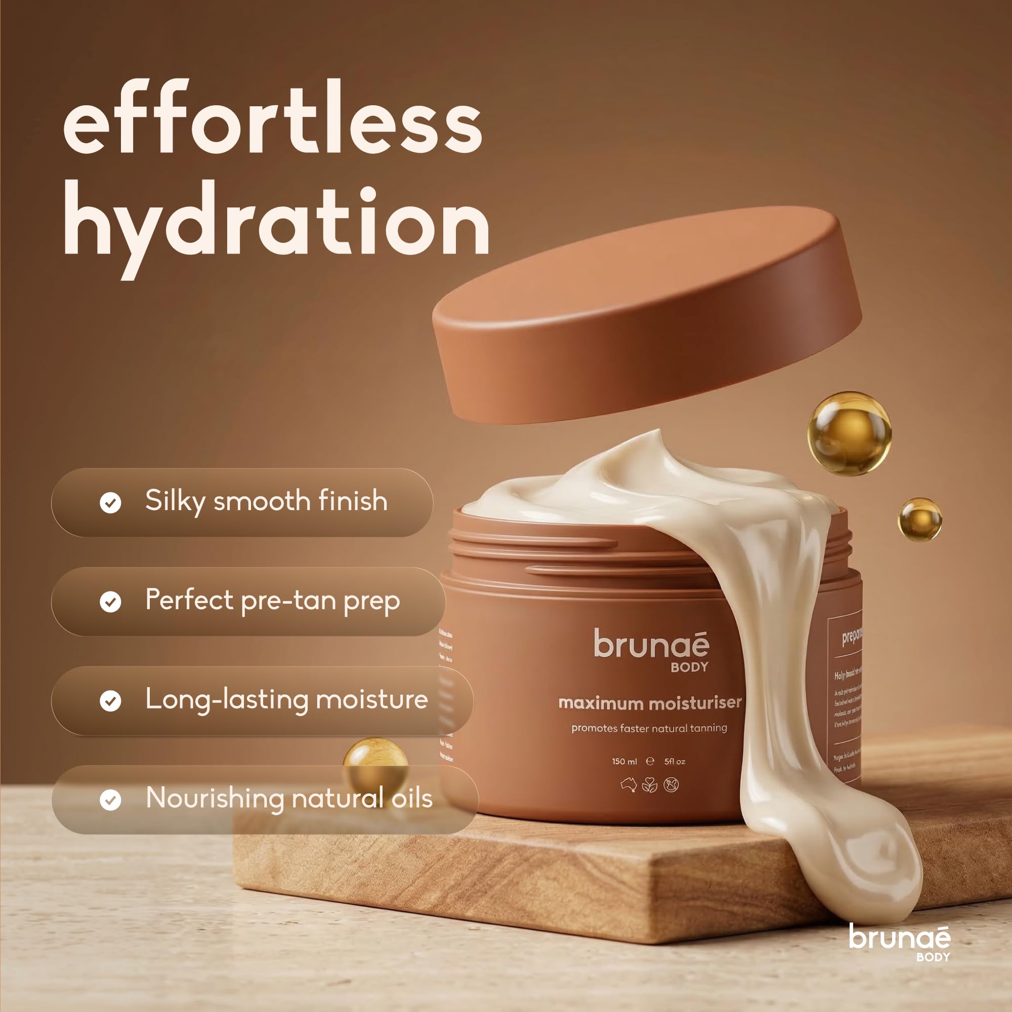 brunae body pump and label detail highlighting ingredients and convenient dispenser benefit
