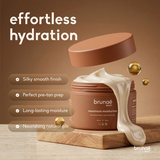 brunae body pump and label detail highlighting ingredients and convenient dispenser benefit