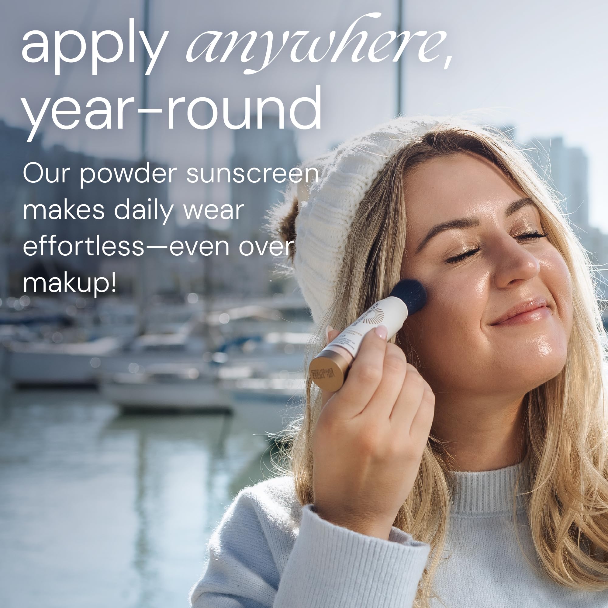 Brush On Block powder applied to cheek for subtle coverage and matte benefit