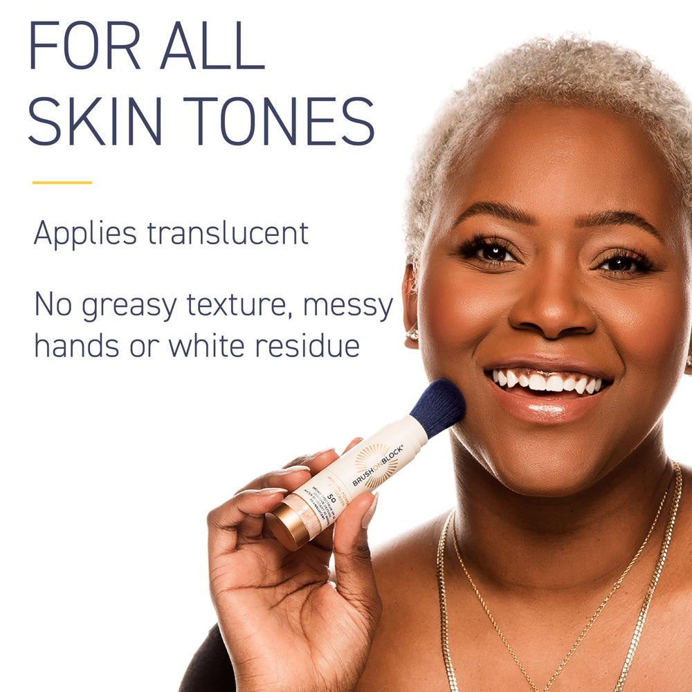 Brush On Block applied over makeup demonstrating blendable protection without cakey finish