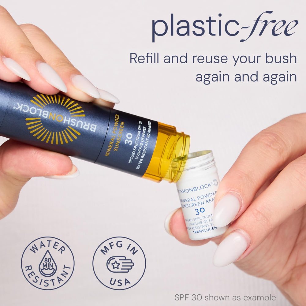Hand holding Brush On Block brush while refilling, quick on-the-go convenience benefit