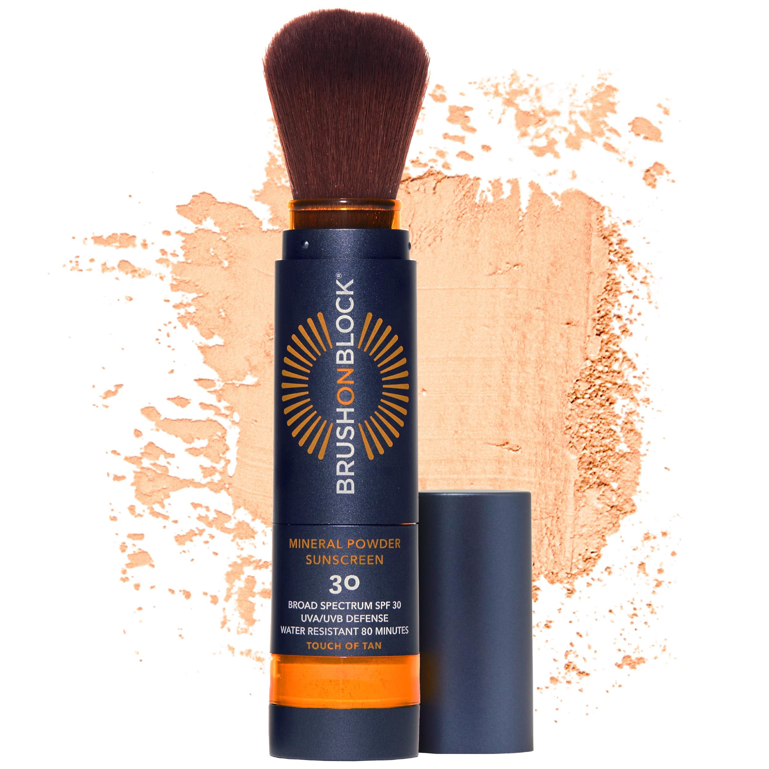 Brush On Block front packaging showing Touch of Tan and SPF 30 benefits