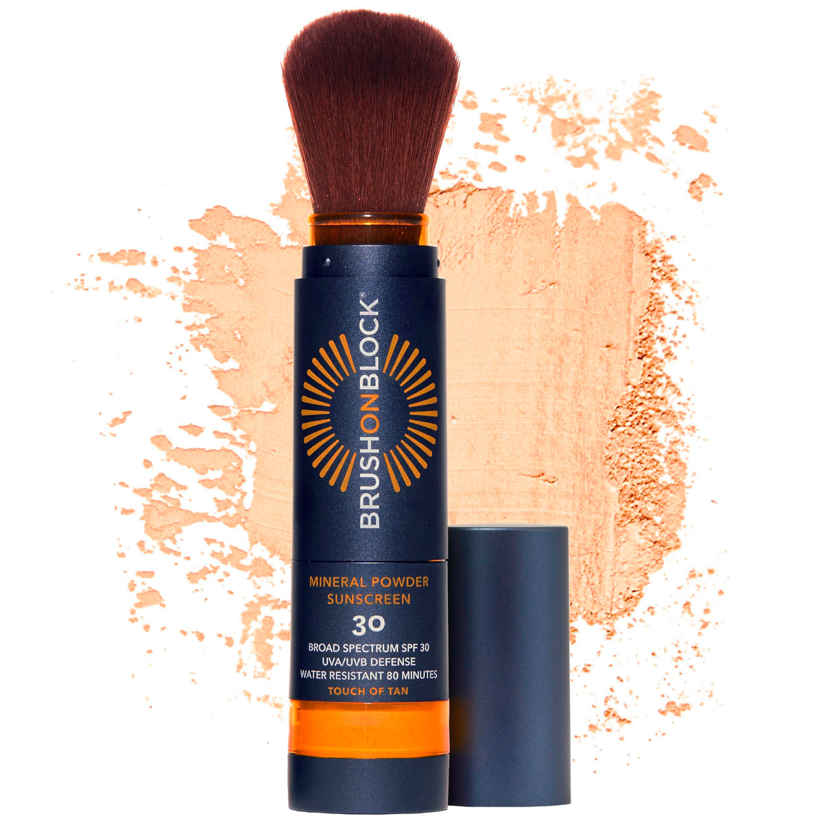 Brush On Block front packaging showing Touch of Tan and SPF 30 benefits