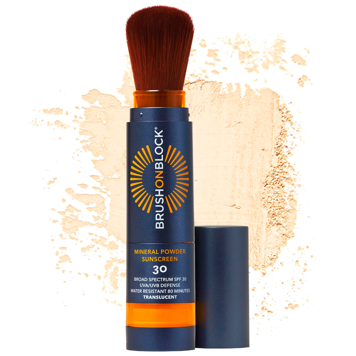 Brush On Block front packaging showing compact brush and brand for convenient protection
