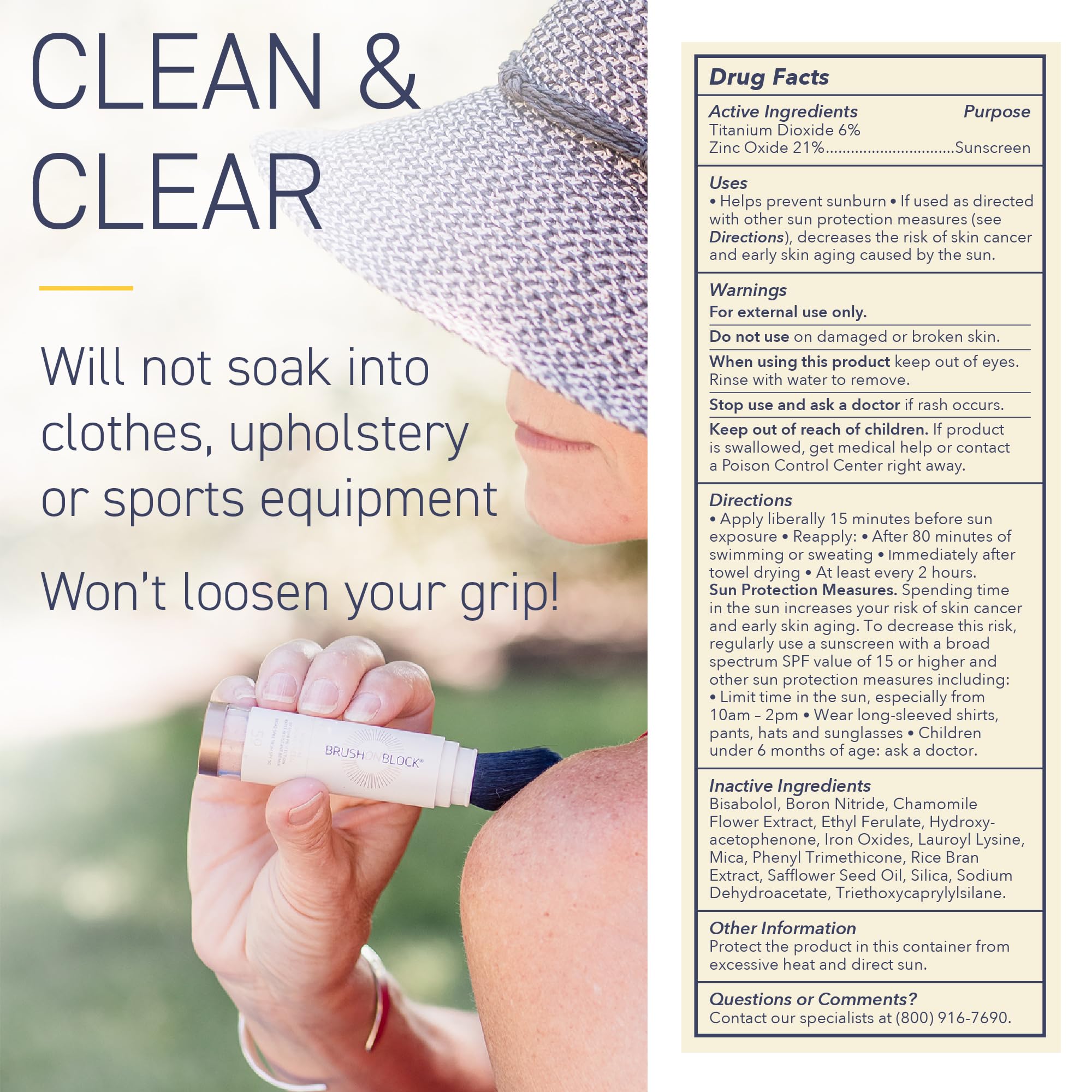 Brush On Block label and ingredients highlighting mineral actives and reef-friendly benefit