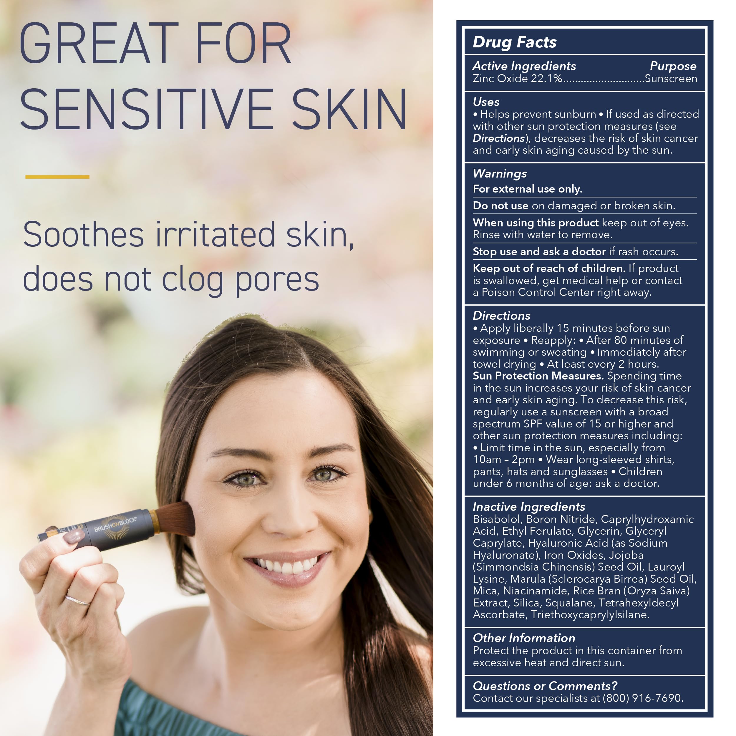Brush On Block ingredient label showing zinc oxide, niacinamide, hyaluronic acid benefit