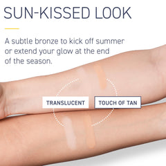 Brush On Block powder swatch on skin showing subtle warm tint benefit