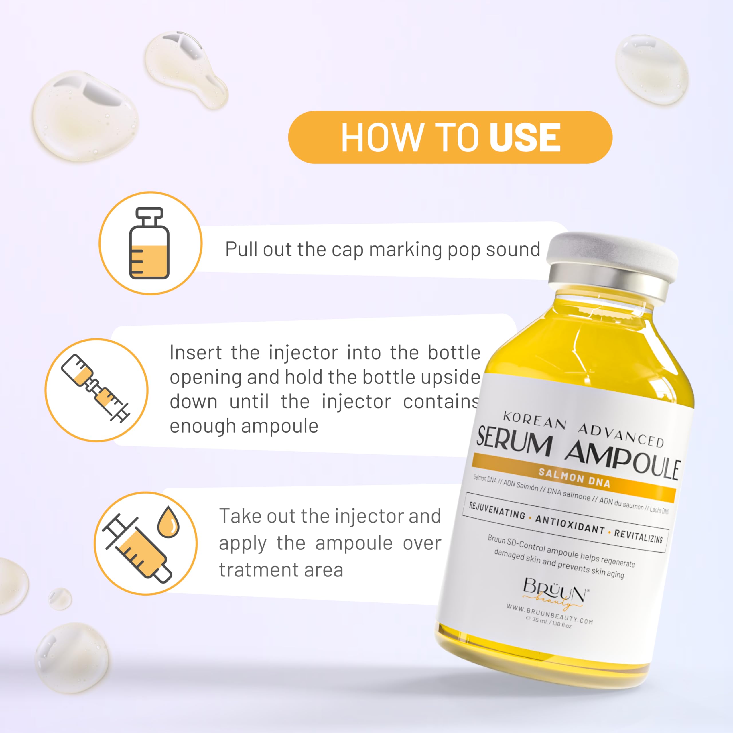 BRÜUN serum drop close-up showing smooth texture and quick absorption benefit