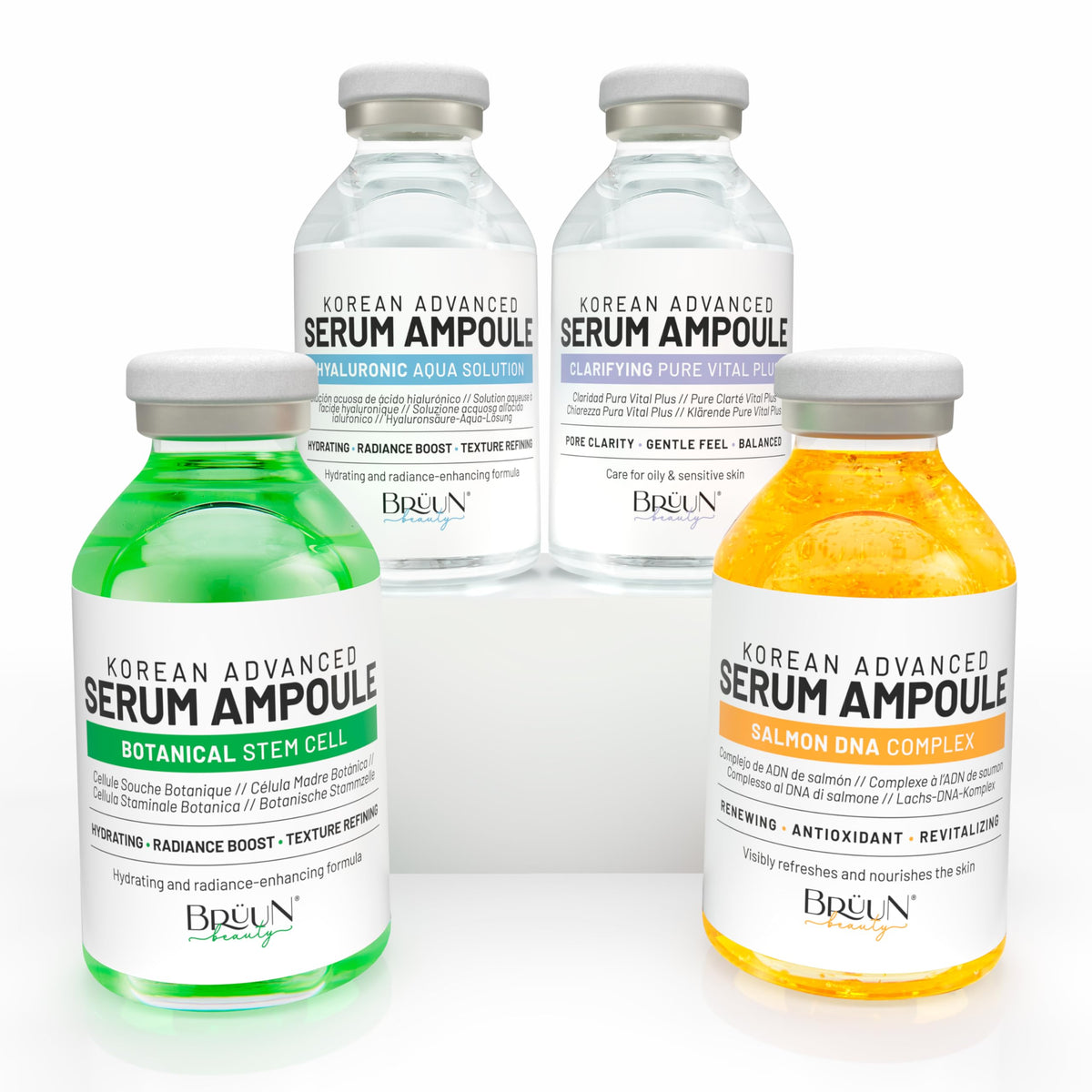 BRÜUN front packaging showing the four booster ampules and kit benefits