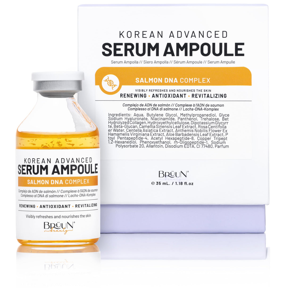 BRÜUN front packaging showing bottle and ampoule for clear product identification and trust