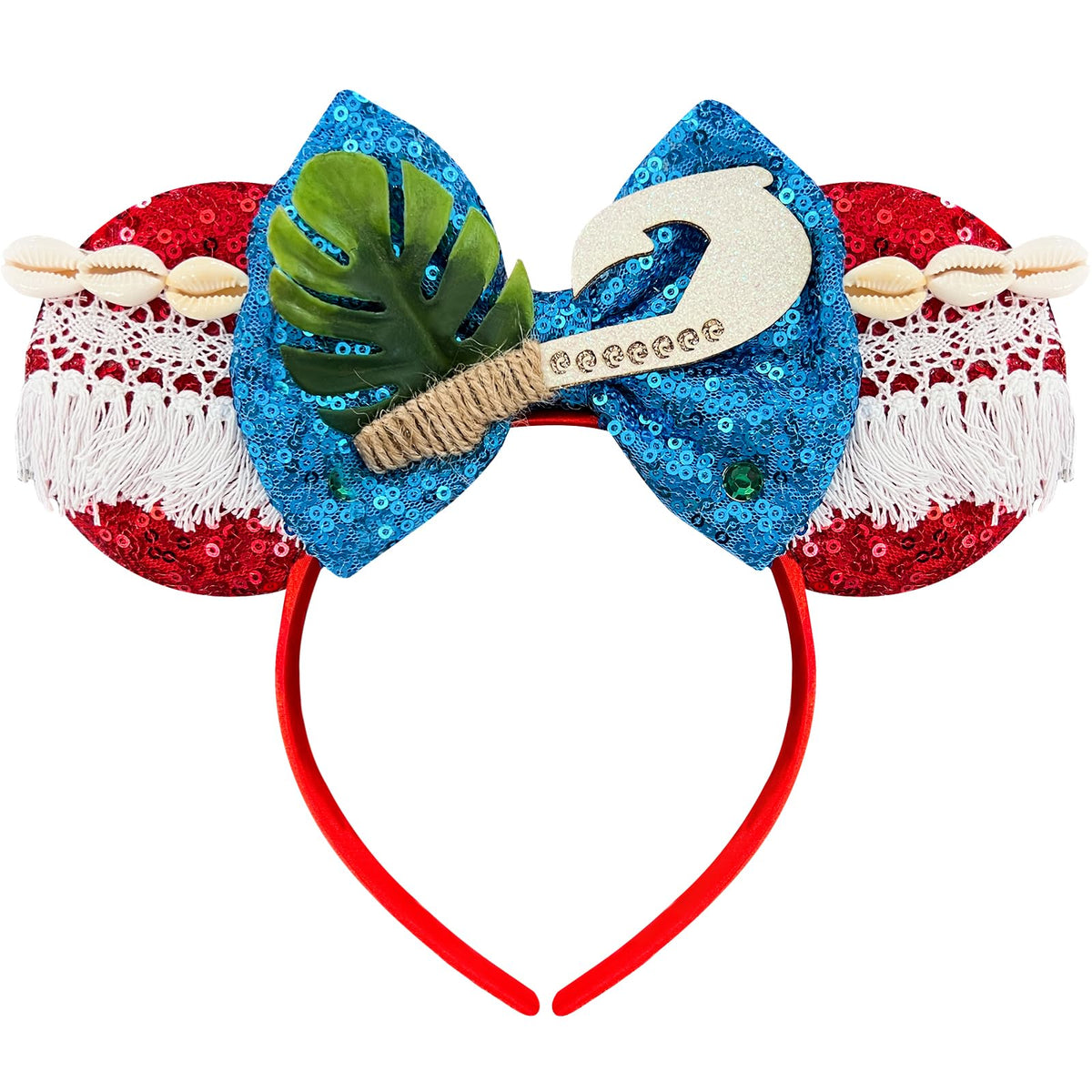 Brylla mouse ears headband front view with blue sequins and bows, adds festive sparkle