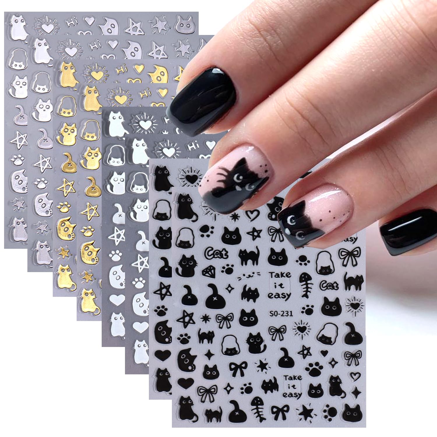 BSBTBZ cat nail stickers flat lay showing eight sheets and color variety for easy selection