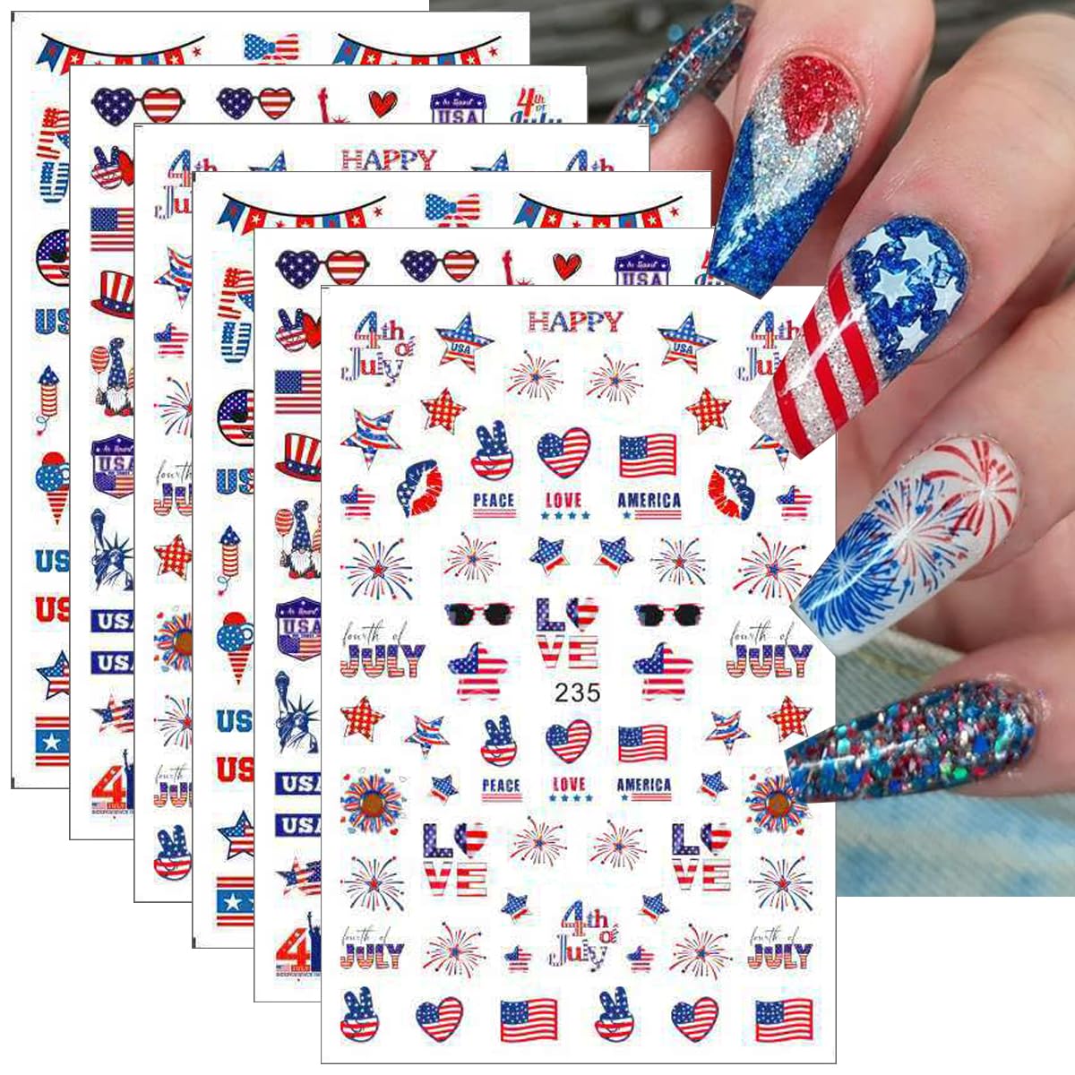 BSBTBZ front packaging showing six patriotic nail sticker sheets for easy gifting