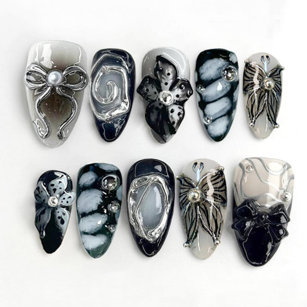 BSBTBZ front packaging showing 30 black almond press-on nails for instant glam
