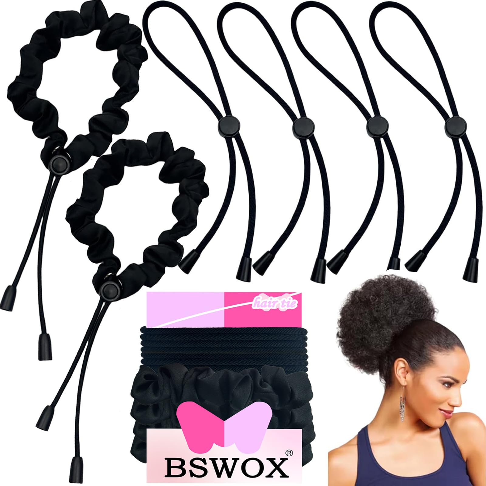 Bswox front pack showing six satin hair ties, durable and versatile
