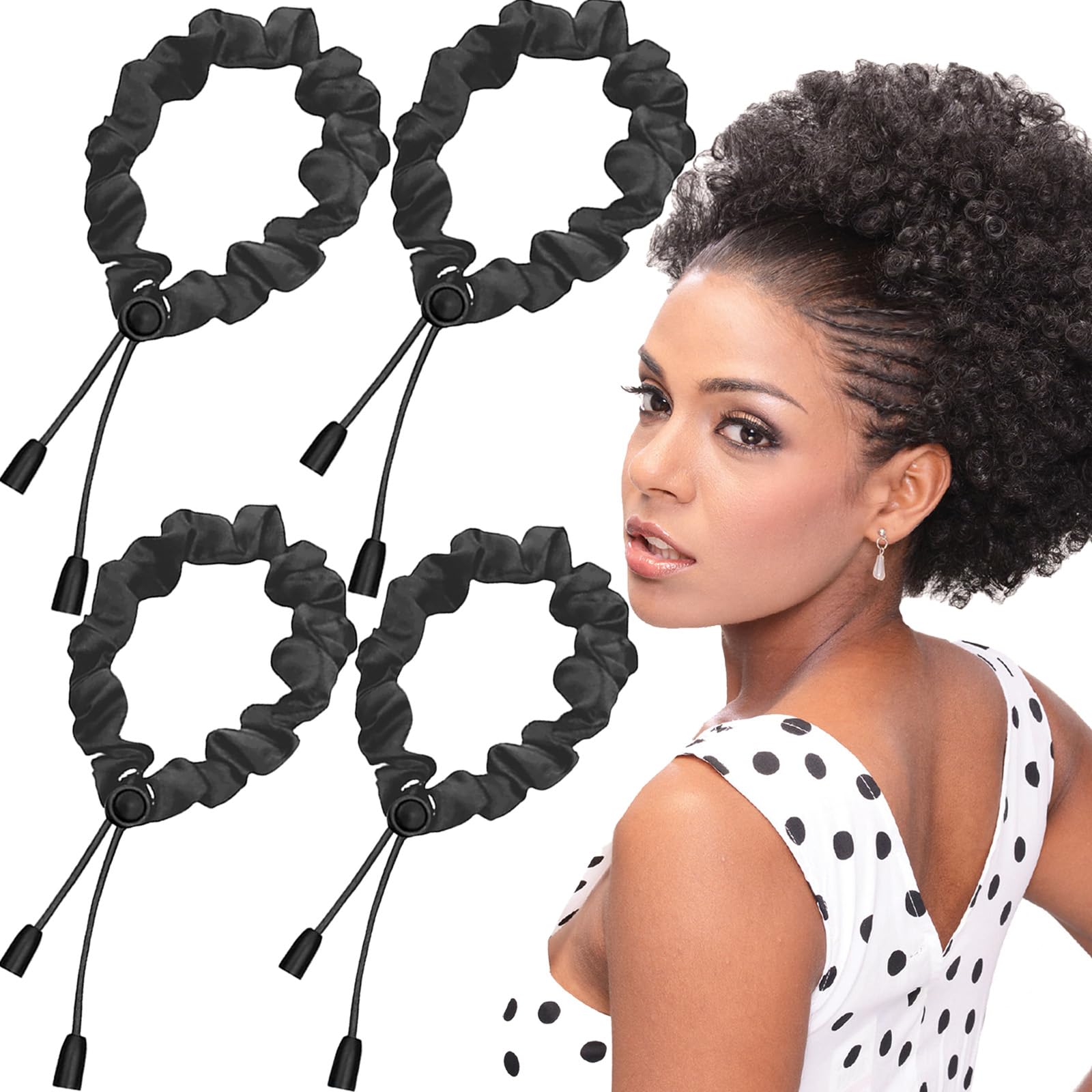 Bswox front packaging showing four adjustable satin scrunchies and benefits