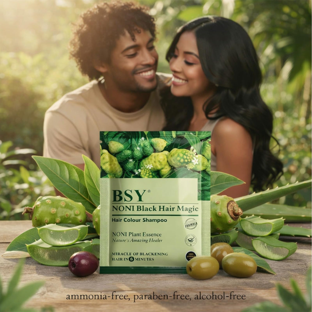 BSY Noni size scale with hand illustrating single-use sachet portion