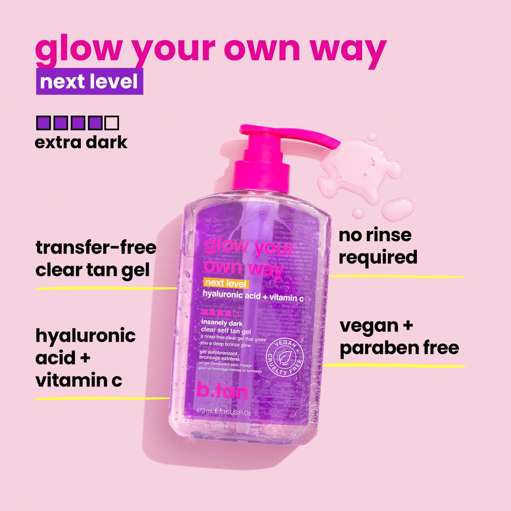 b.tan application using a mitt demonstrates streak-free blending and even coverage benefit