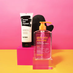 B.TAN bottle on bathroom shelf lifestyle shot conveying routine-ready benefit