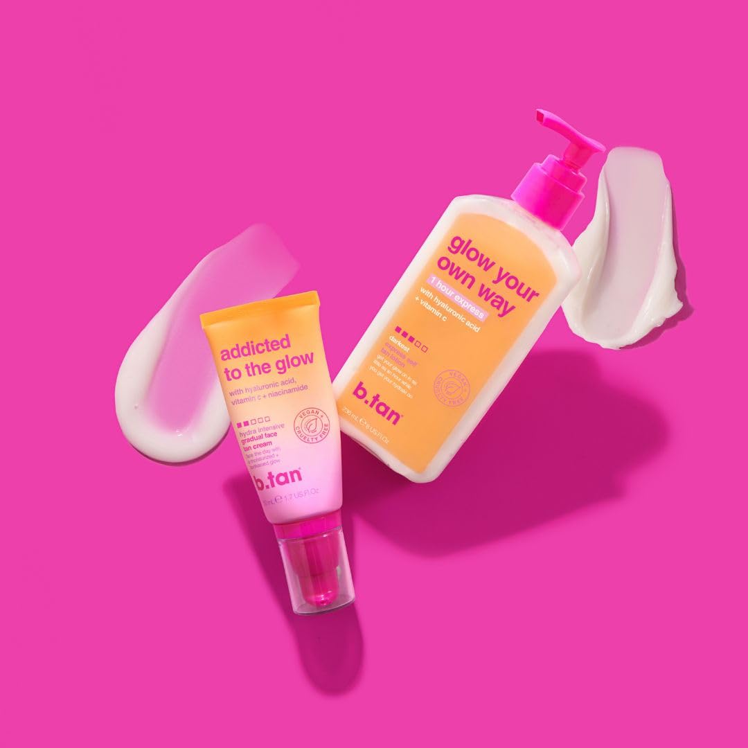 B.TAN ingredient bottles with hyaluronic acid and vitamin C benefits