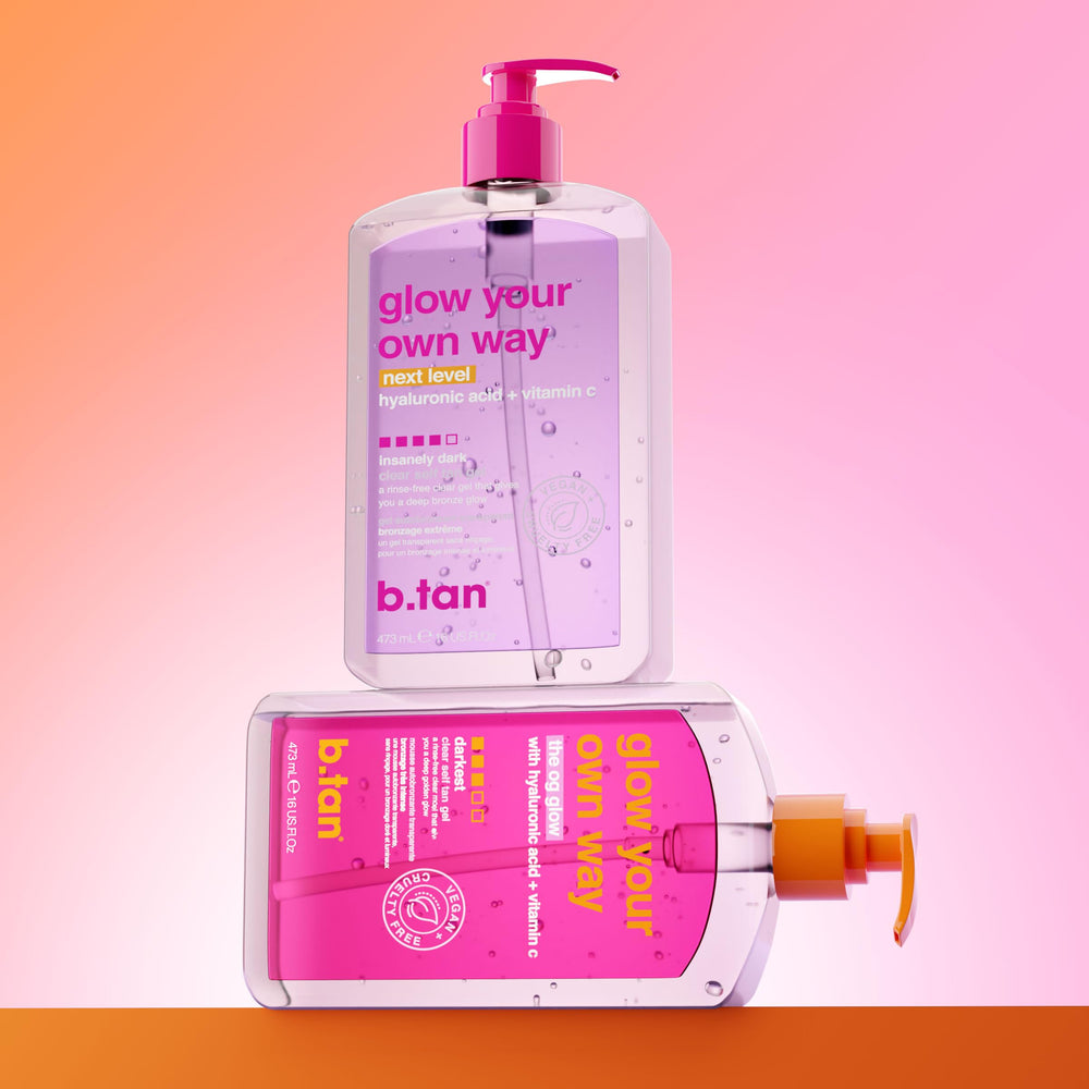 b.tan lifestyle beach glow model showing hydrated, bronzed skin ready for summer
