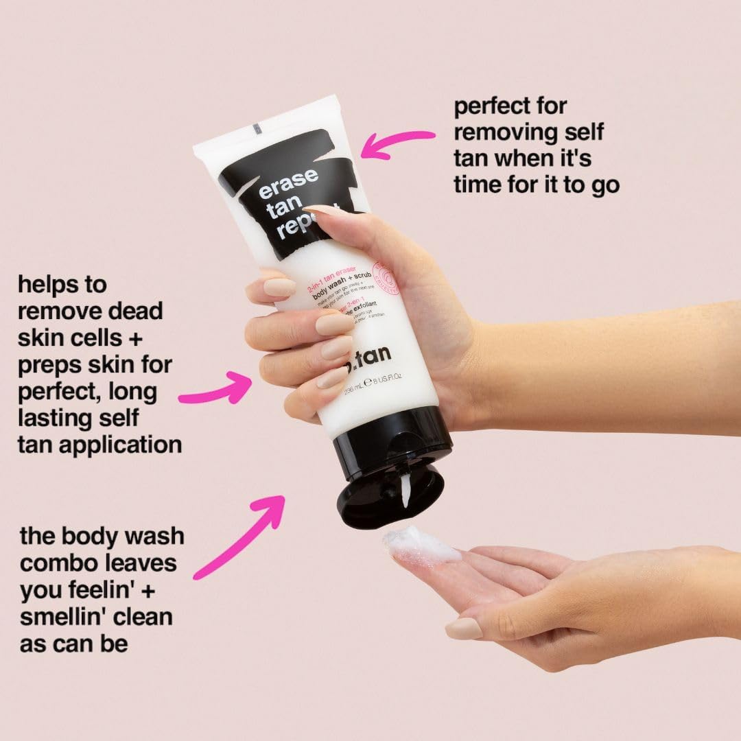 B.TAN scrub application on forearm demonstrating fast tan removal benefit