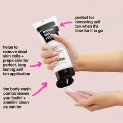 B.TAN scrub application on forearm demonstrating fast tan removal benefit