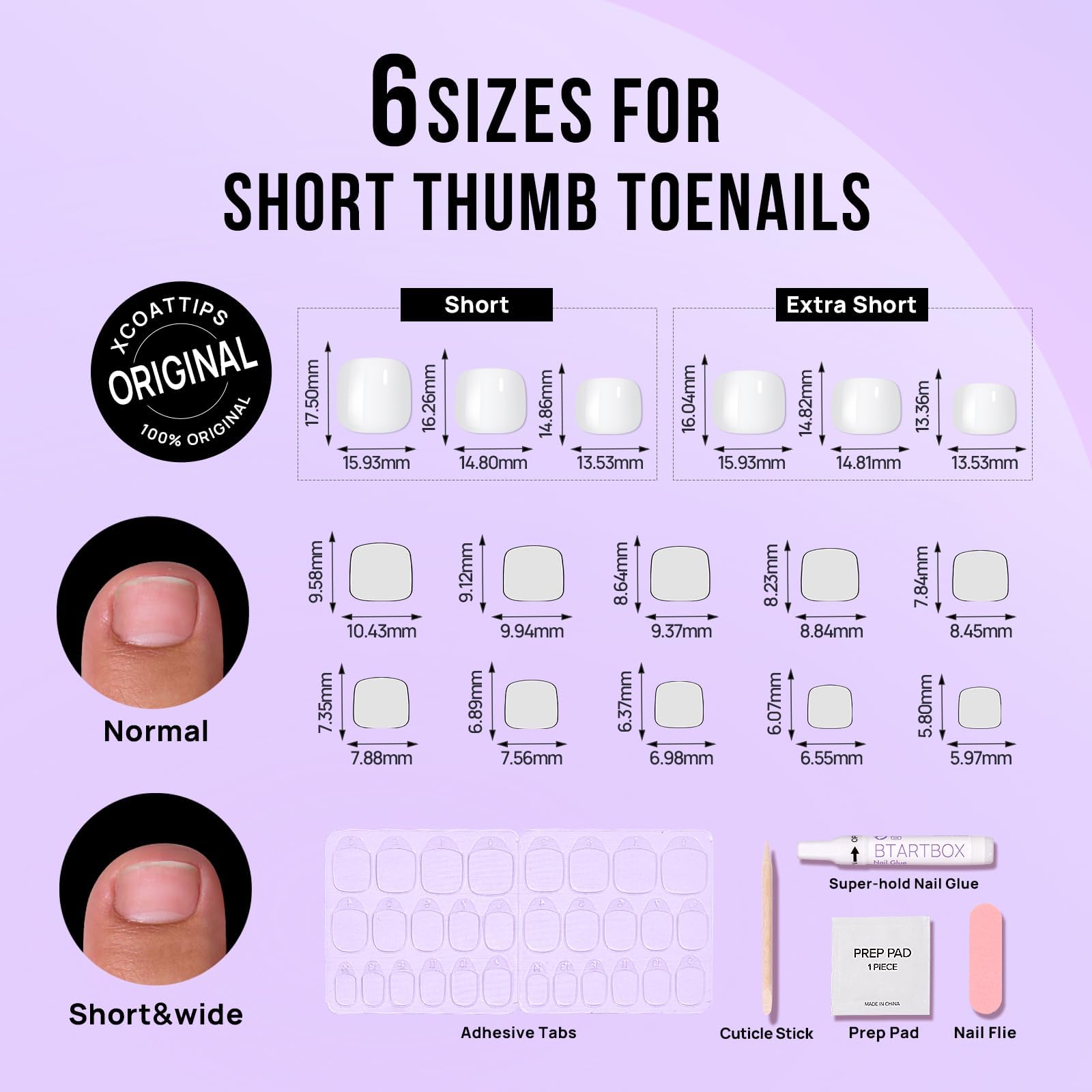 BTArtbox 32 toenails laid out to display 16 sizes for better fit choices