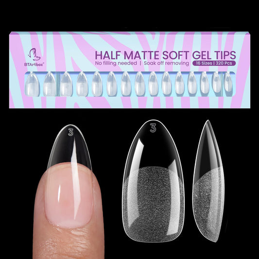 BTArtbox front packaging showing 320 almond soft gel tips and easy selection benefit