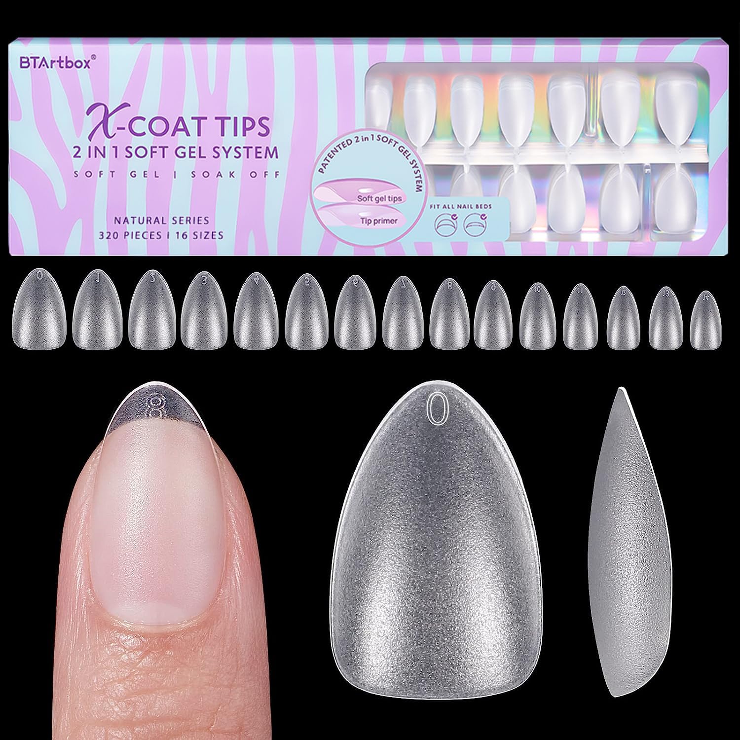 BTArtbox front packaging showing 320 short almond gel tips for quick application