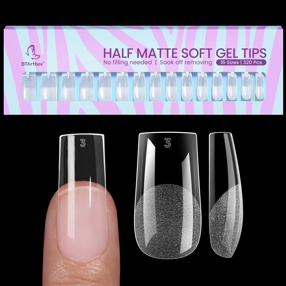 BTArtbox front packaging of 320-piece gel nail tips showing quantity and square shape benefit