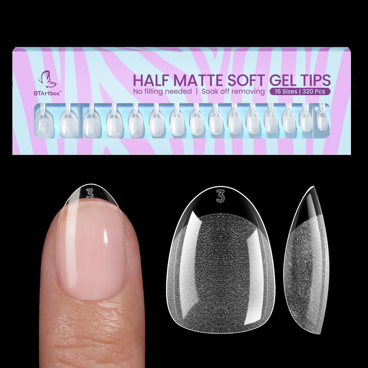 BTArtbox front packaging showing 320-piece almond tip set and convenience