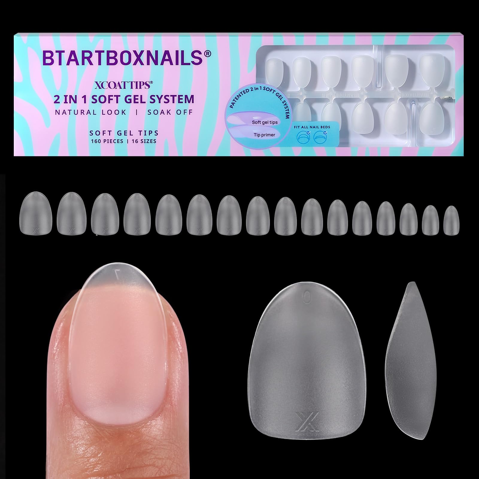 BTArtboxnails front packaging showing 160 clear almond tips and value set