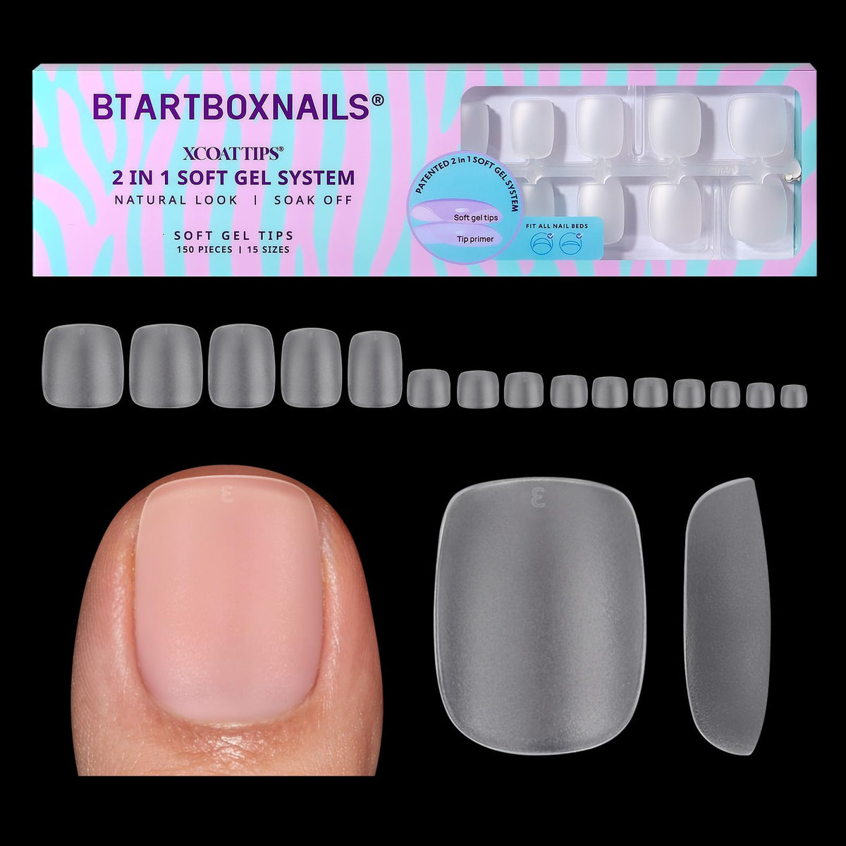BTArtboxnails front packaging showing 150 clear toe tips and benefits