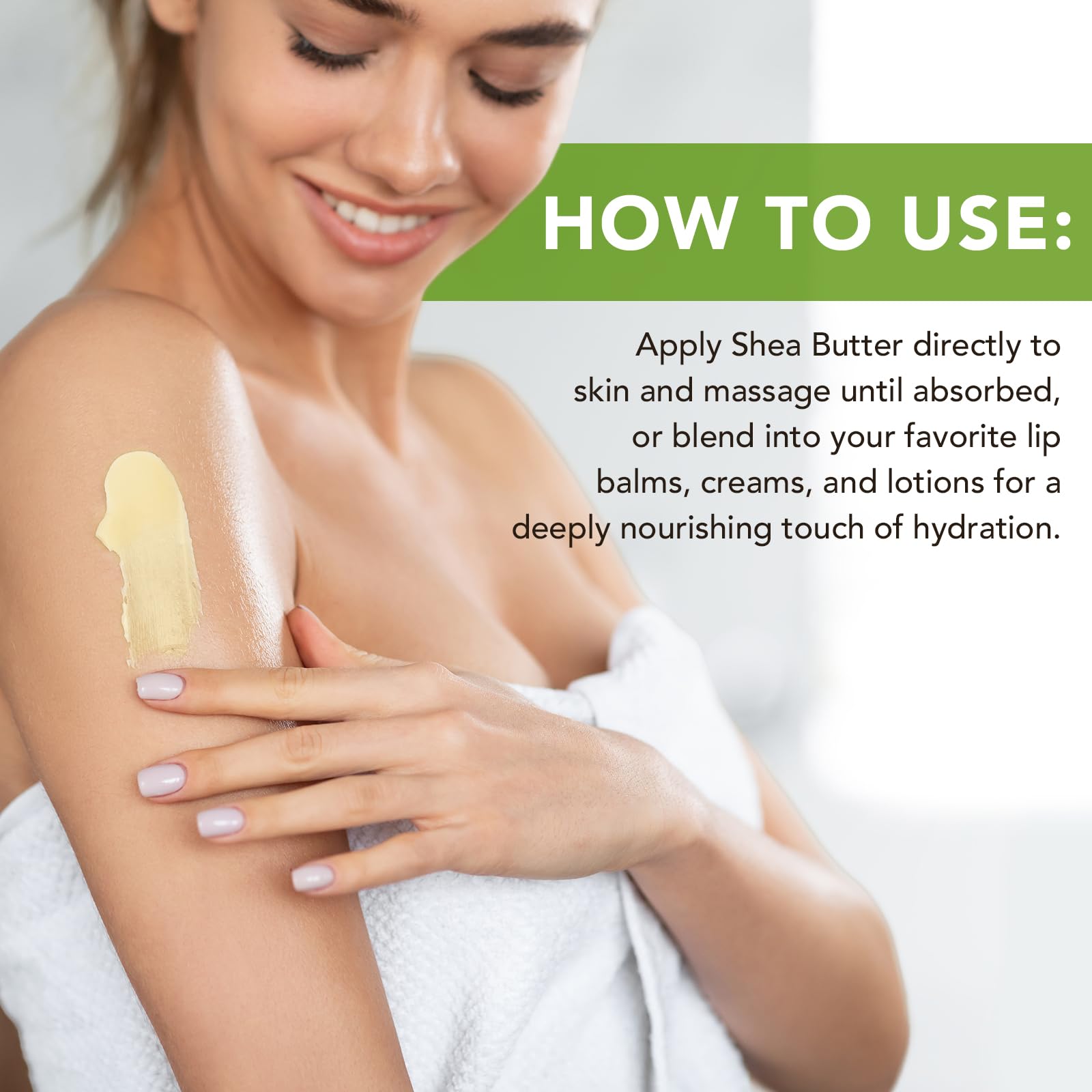 Btefls shea butter next to hand to show 7.8 oz scale and single-ingredient option