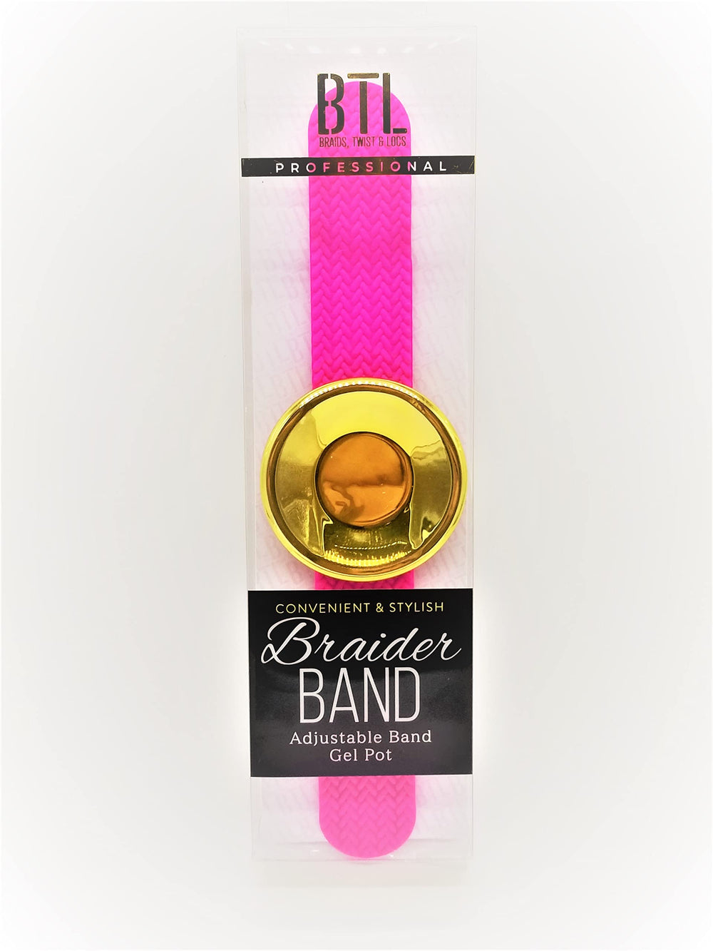 BTL pot front view showing label and compact design for travel-friendly braid styling