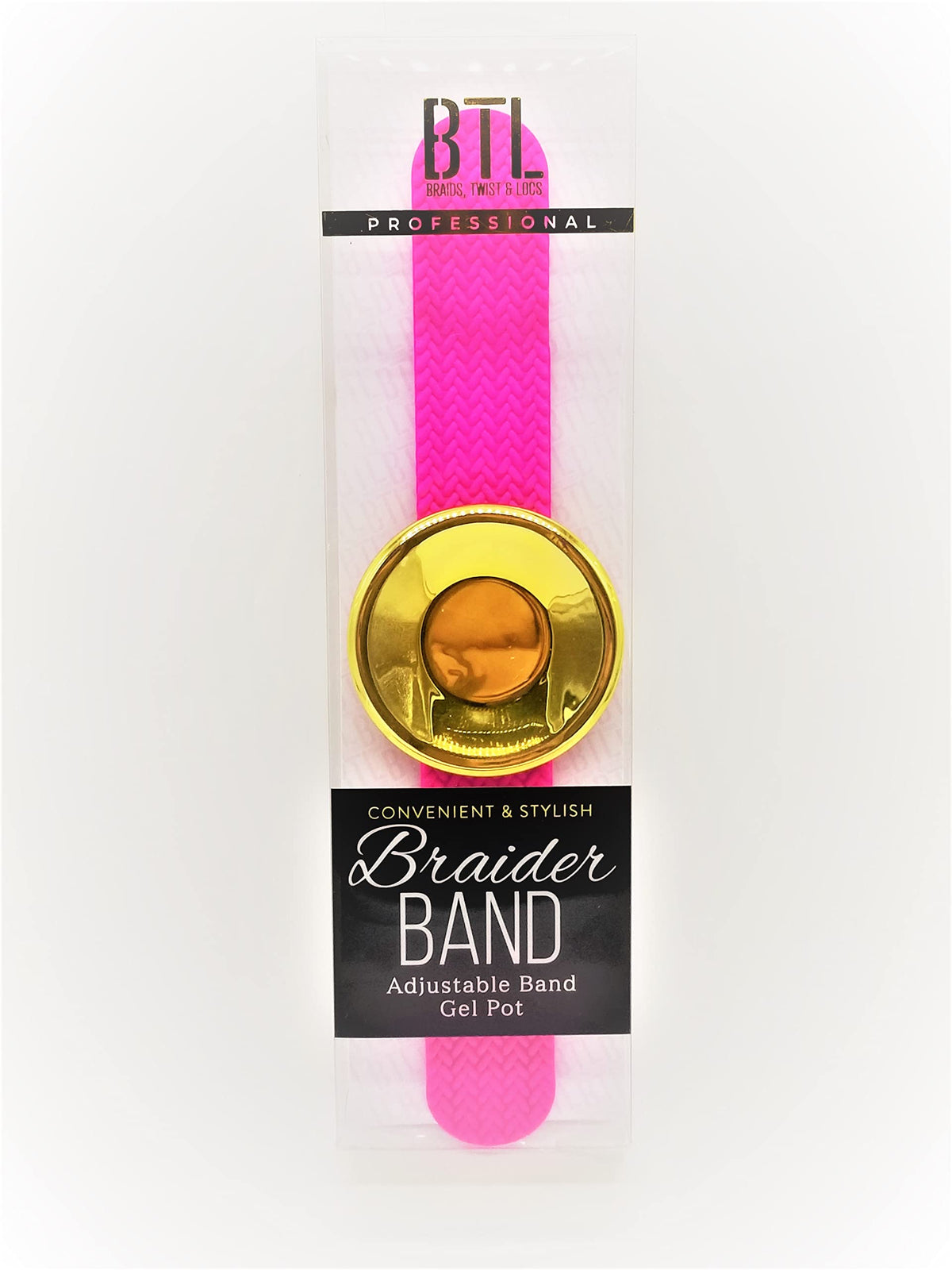 BTL pot front view showing label and compact design for travel-friendly braid styling