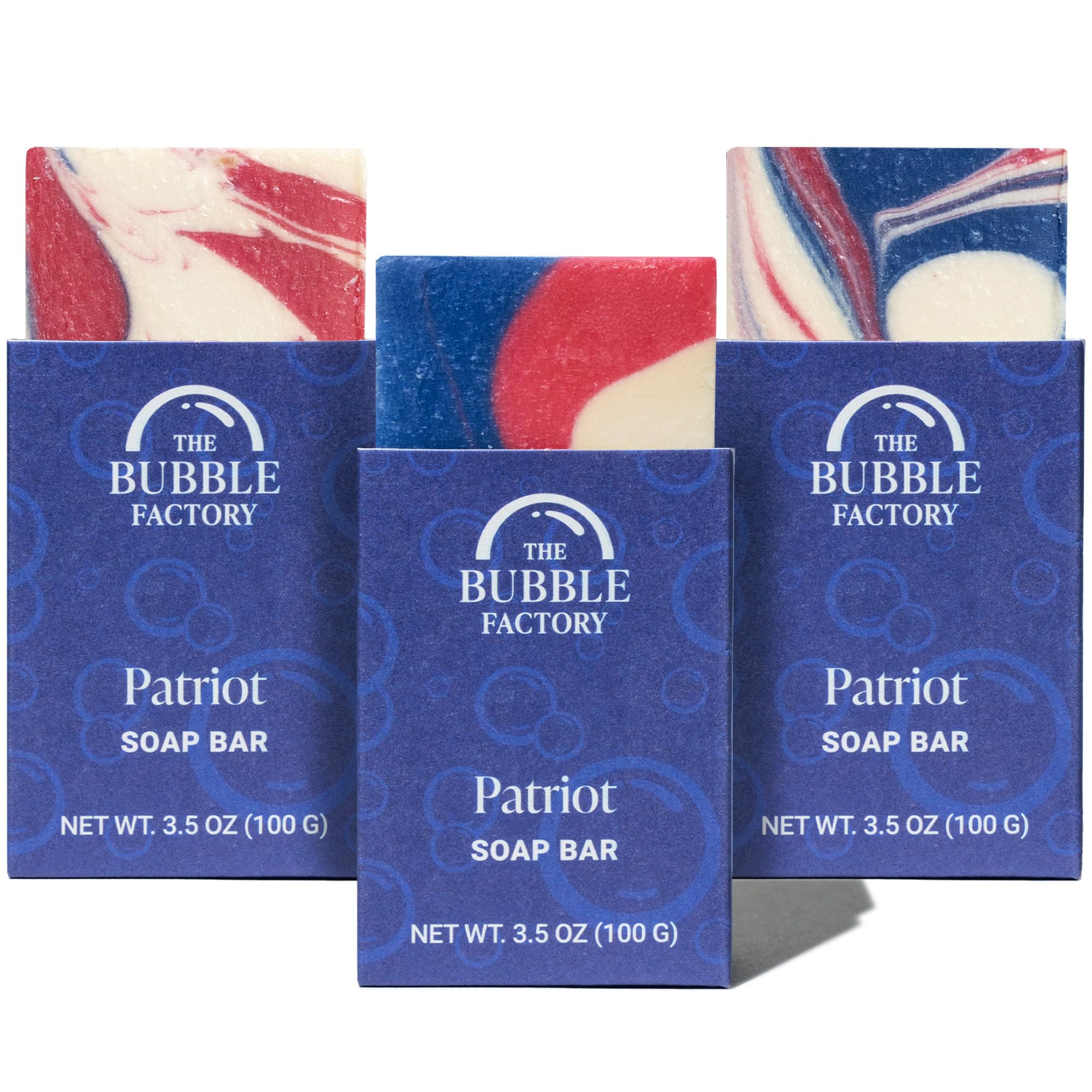 The Bubble Factory front packaging showing three Patriot soap bars and branding benefits