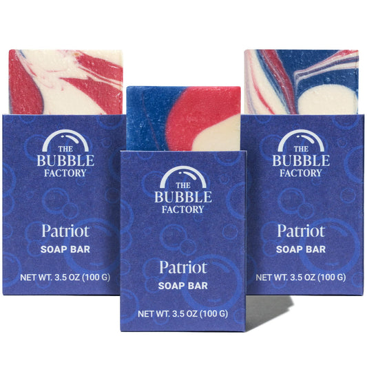 The Bubble Factory front packaging showing three Patriot soap bars and branding benefits