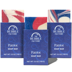 The Bubble Factory front packaging showing three Patriot soap bars and branding benefits