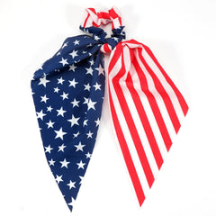 Budsmile flag scrunchie front view showing patriotic design and versatile hold