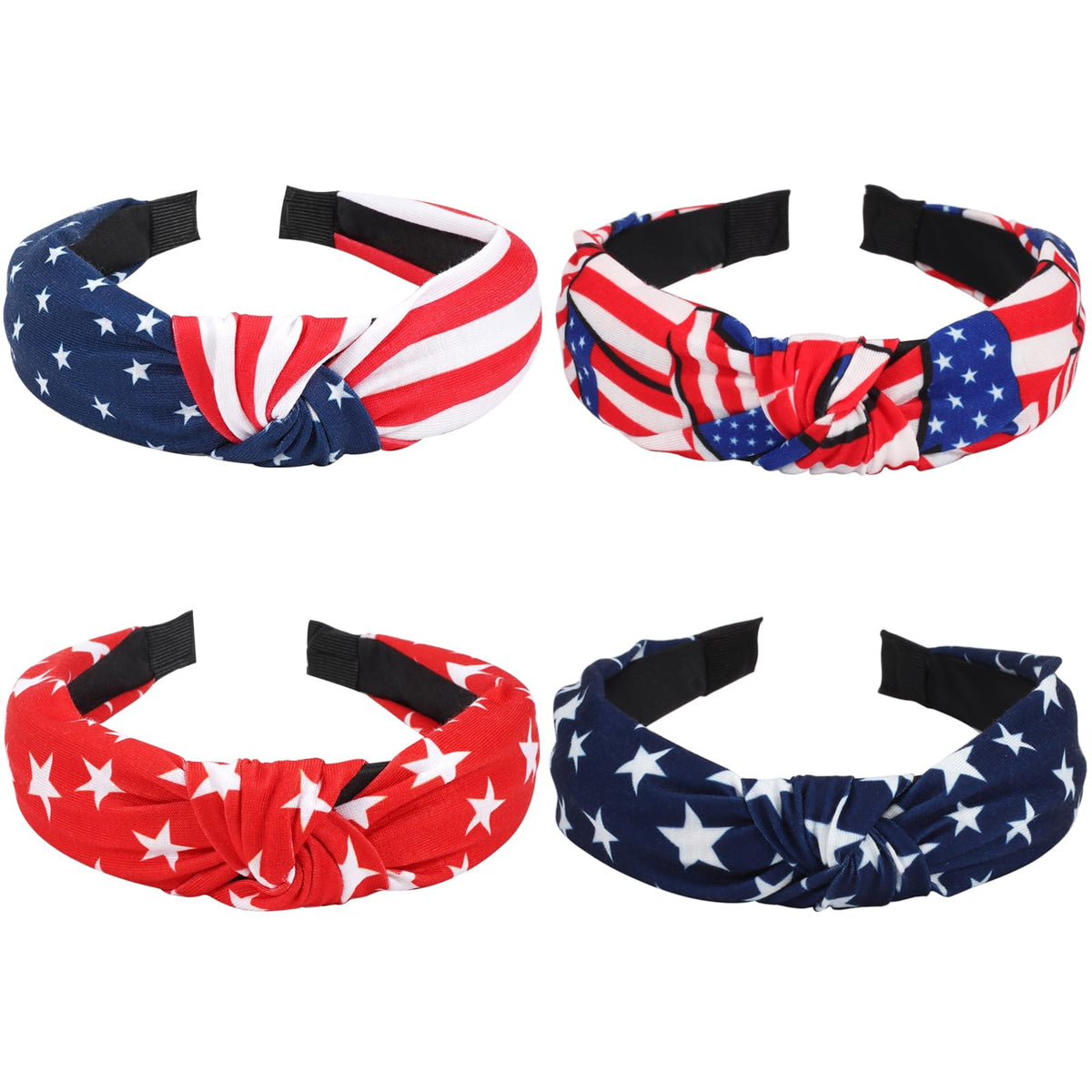 Budsmile front view of patriotic headband showing flag pattern and bow, comfortable look