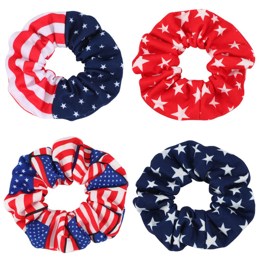 Budsmile front packaging showing four patriotic flag scrunchies and clear branding benefit