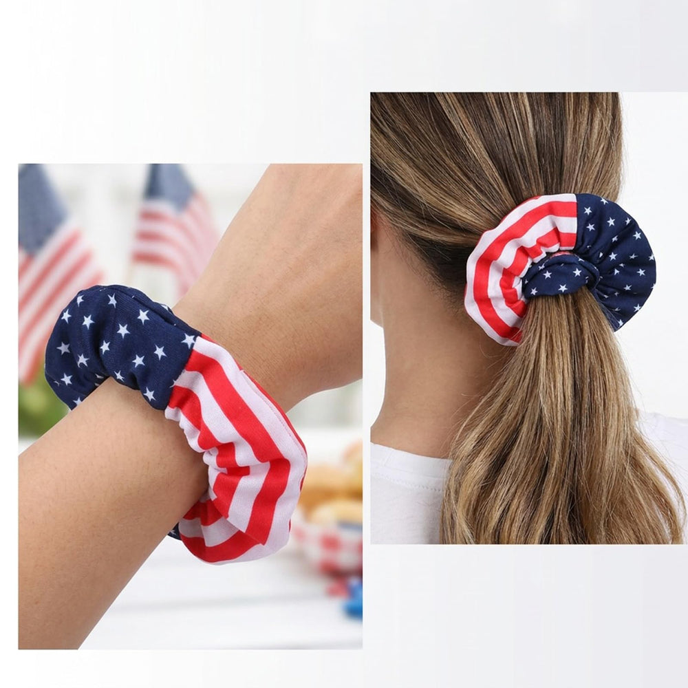 Budsmile in-use ponytail with red white blue scrunchie demonstrating secure everyday hold