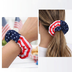 Budsmile in-use ponytail with red white blue scrunchie demonstrating secure everyday hold