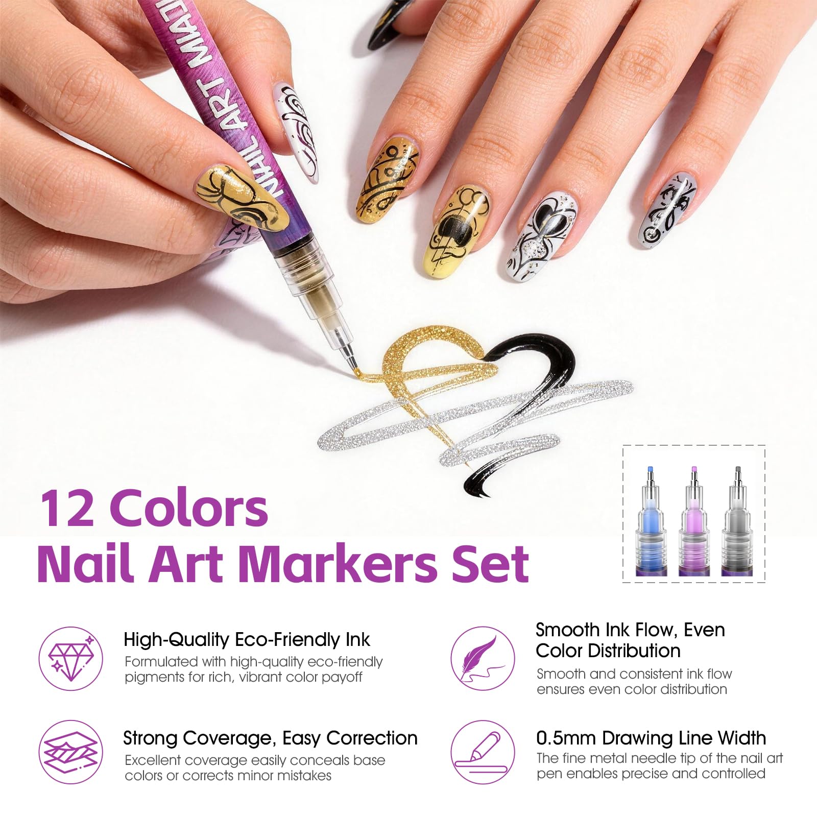 BUENIN pens being used to draw small floral nail art offering portable convenience