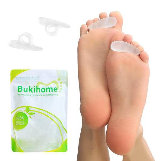 Bukihome front packaging showing 12-piece toe corrector set and benefits