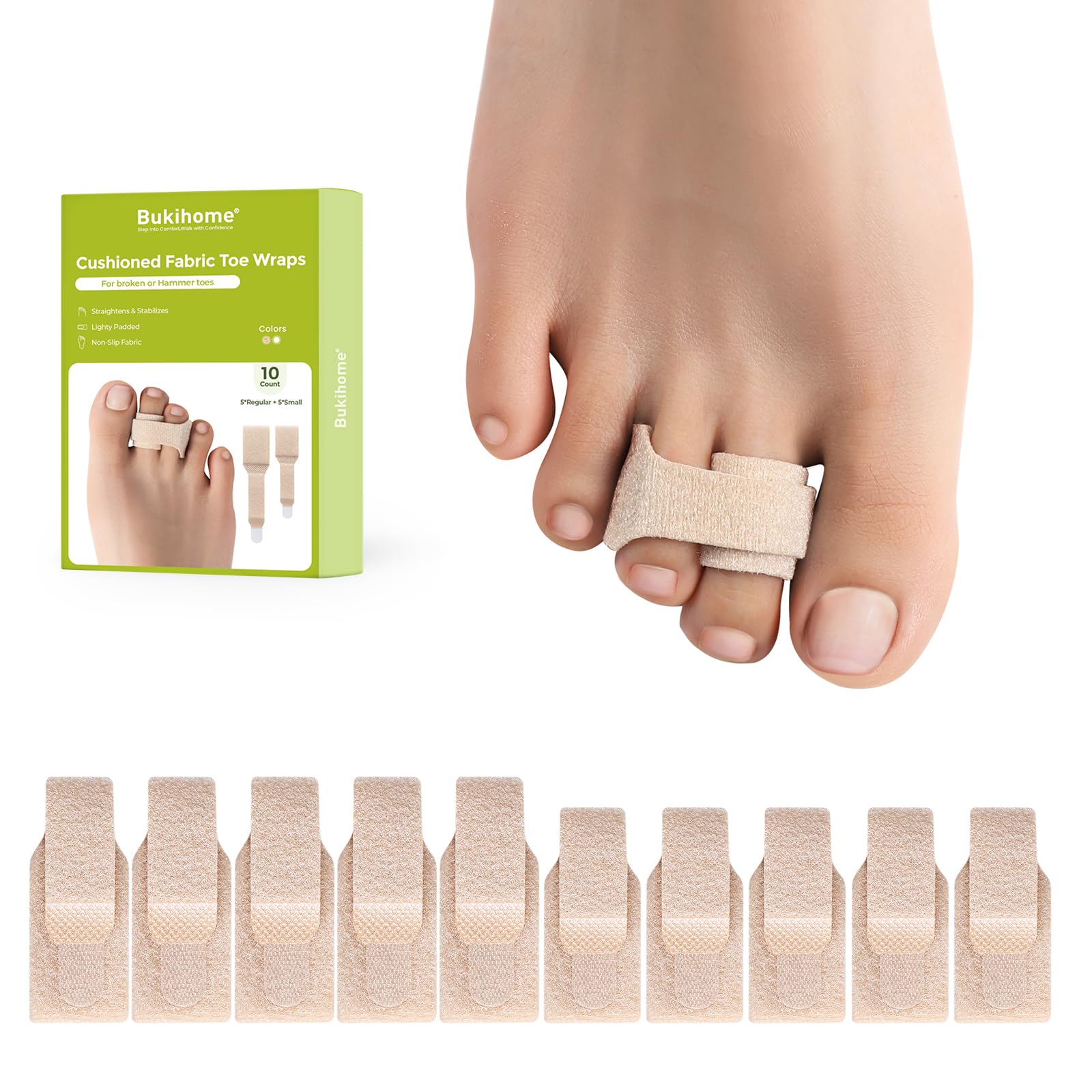 Bukihome front packaging showing ten beige toe wraps and included sizes, easy identification benefit