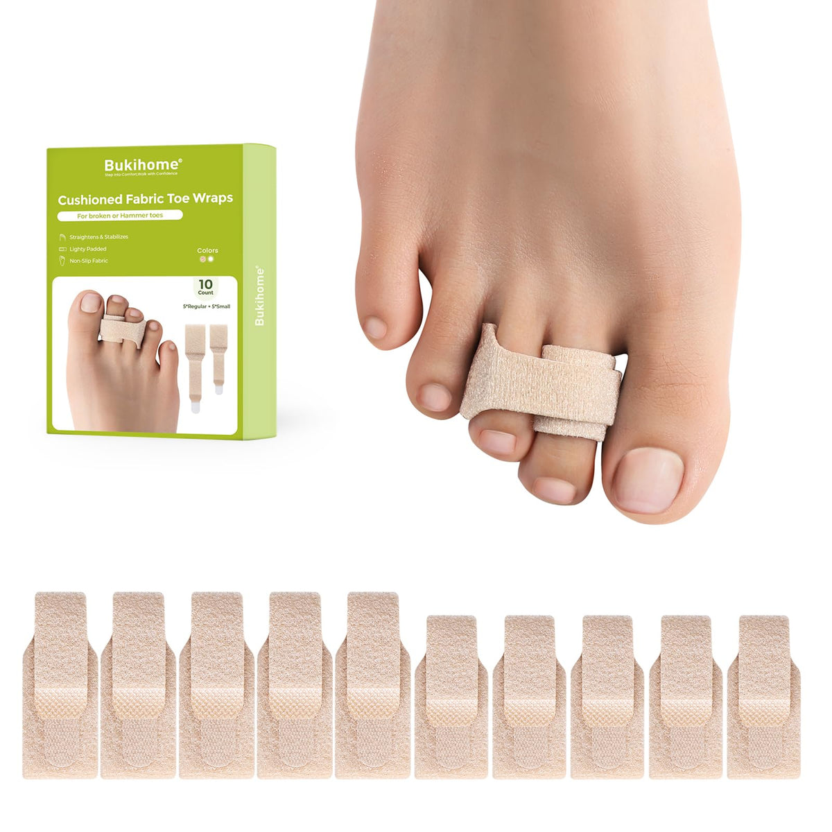 Bukihome front packaging showing ten beige toe wraps and included sizes, easy identification benefit