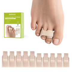 Bukihome front packaging showing ten beige toe wraps and included sizes, easy identification benefit